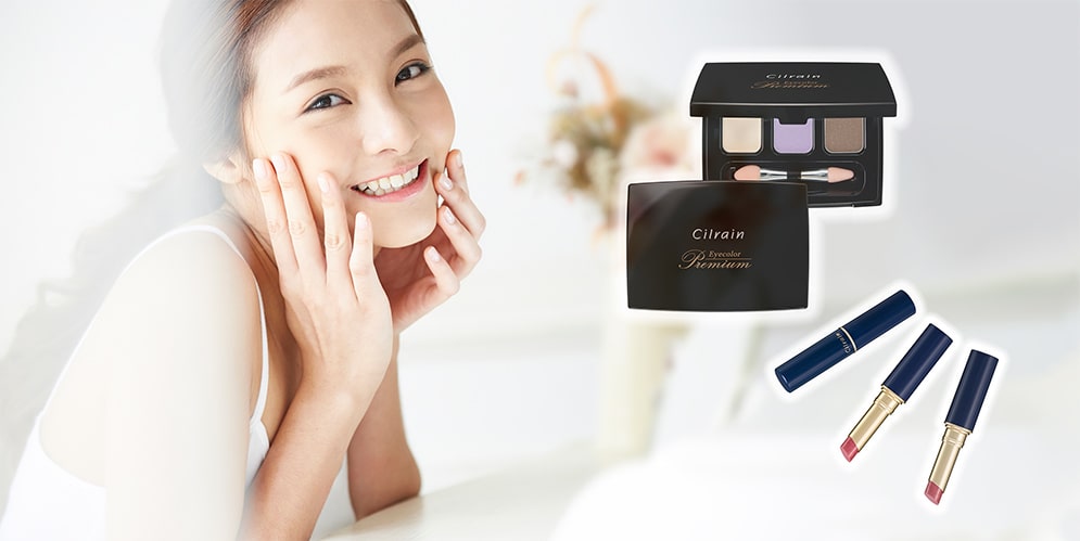 モデルの女性と商品写真。アイシャドウ「シルレイン（Cilrain）」二種類